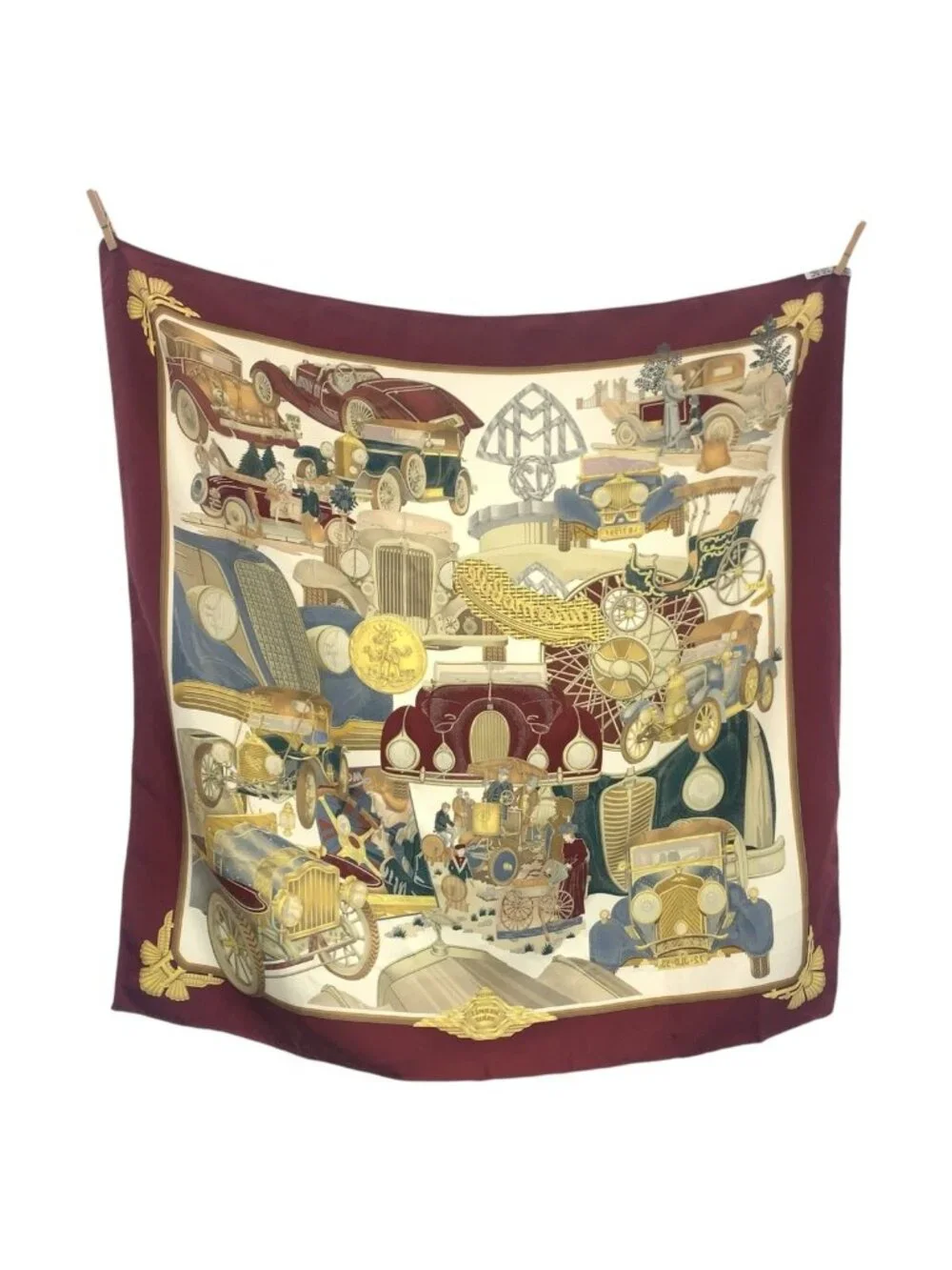 Hermes Automobile Carre 90 Wine Red Multicolor Silk Scarf - Picture 2 of 7